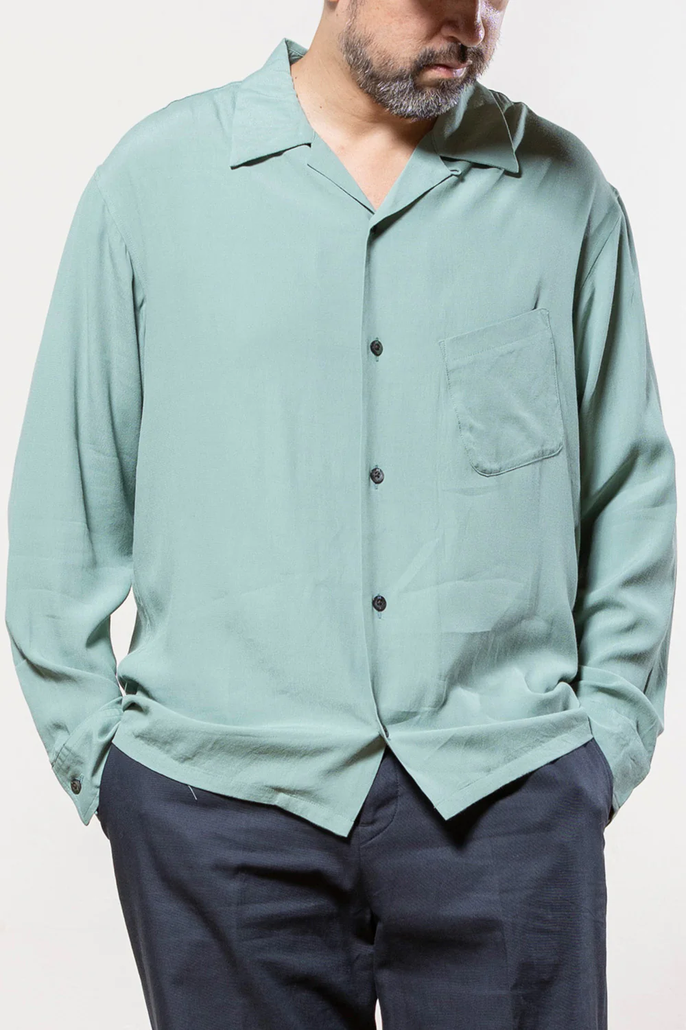 ACV-SH02RY RAYON SLANT POCKET OPEN COLLAR SHIRT(LONG SLEEVE)